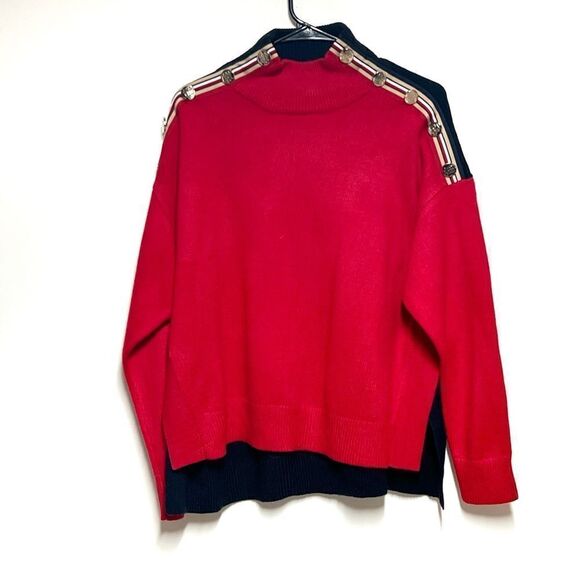 New Womens Tommy Hilfiger Red/Navy Flag Logo Nautical Mock Neck Sweater Sz M - Picture 1 of 6